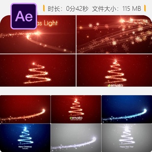 圣诞AE模板节日彩带雪花新年问候卡庆祝光效片头开场动画视频