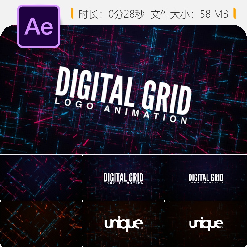 数字网格粒子文字网络在线科技元素AE模板4K LOGO动画片头展示