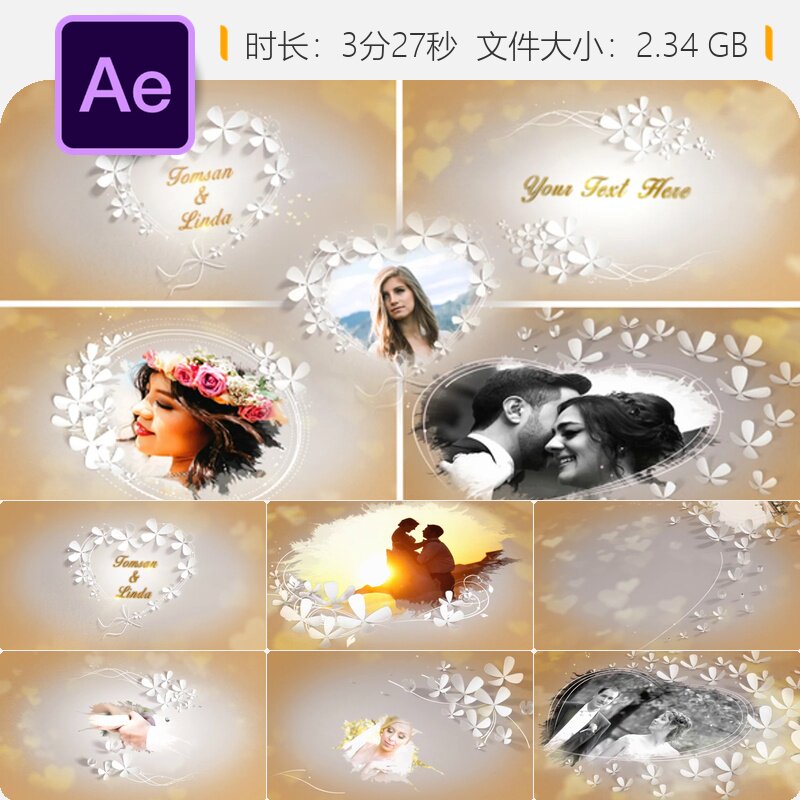 浪漫婚礼相册回忆画廊AE模板优雅开场幻灯片4K精美爱情纪念视频图片