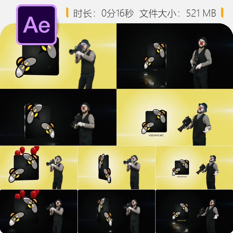 欢乐马戏团小丑气球LOGO动画AE模板4K高清摄像机镜头展示特效