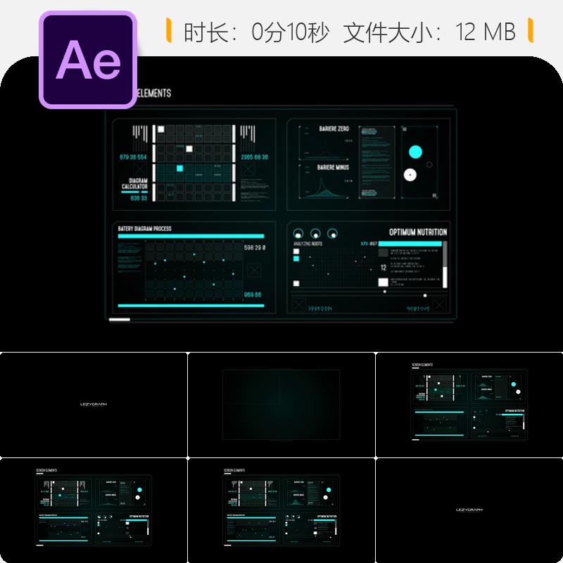 HUD屏幕电池数据科幻数字信息图形元素包AE模板4K分辨率素材包