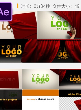 红色幕布舞台开场AE模板电影LOGO动画4K高清剧场揭幕效果展示
