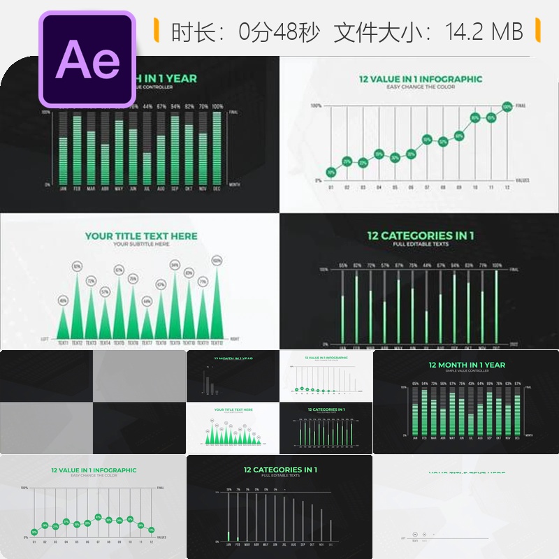 AE模板动态信息图表柱状图百分比统计商业数据可视化动画效果
