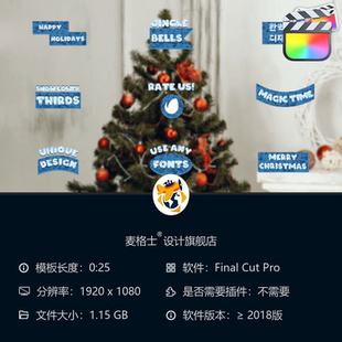 素欢乐风格 FCPX圣诞MG动画雪花字幕条模板 驯鹿节日短视频卡通元