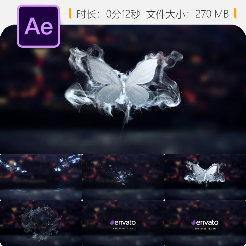 梦幻蝴蝶粒子发光标志优雅开场动画AE模板4K彩色自然奇幻风格