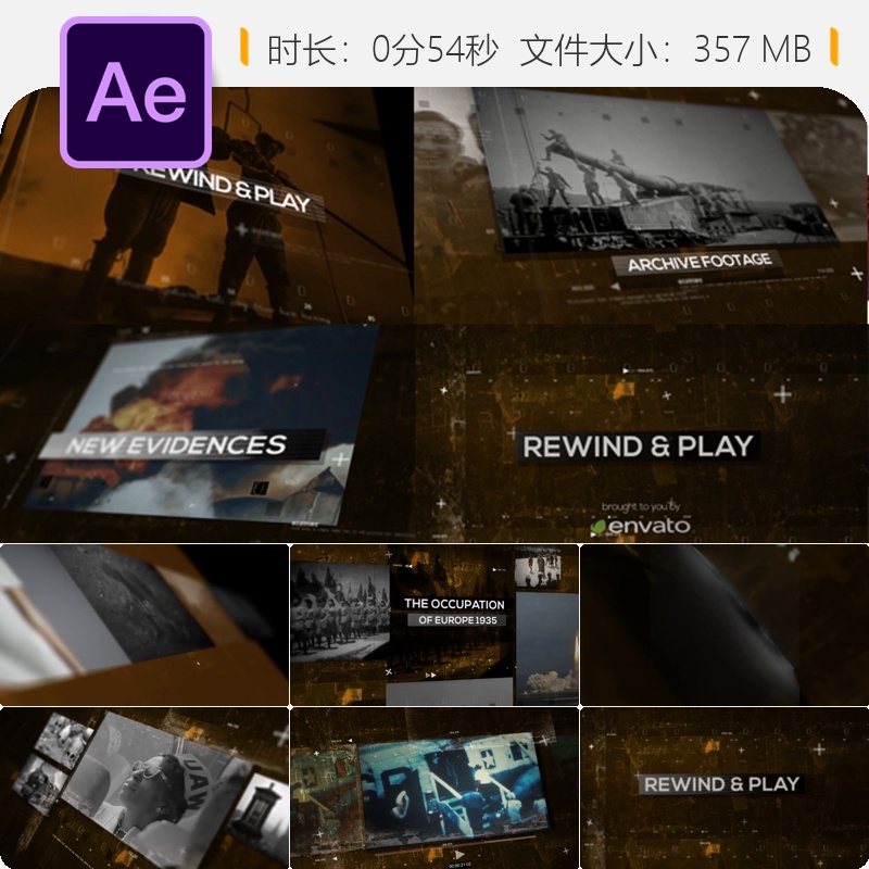 历史纪录片AE模板复古胶片电影开场片头4K怀旧暗黑史诗广播风格