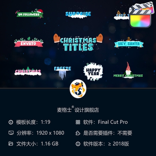 圣诞主题FCPX动态文字模板 雪花卡通MG动画节日贺卡新年快乐特效