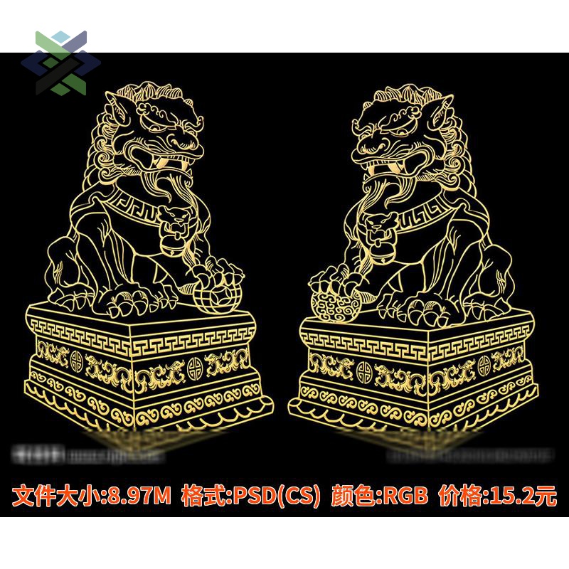 传统狮子纹样线稿古典手绘石墩石狮子简笔画插图装饰图案PS源文件