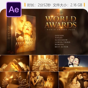 奥斯卡颁奖典礼AE模板金色婚礼预告片电影片头合集装4K片花合集