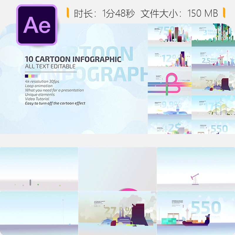 卡通风格经济信息图表AE模板4K商业演示视频工具包绿色能源经济
