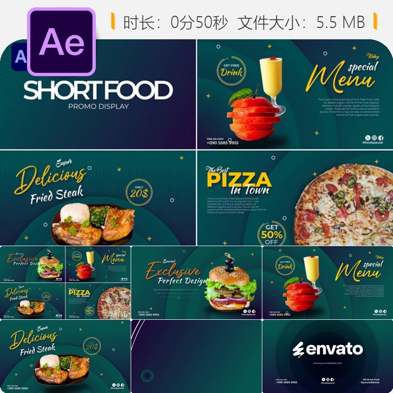 美食广告AE模板早餐晚餐菜单展示多彩烹饪动画餐饮企业宣传片