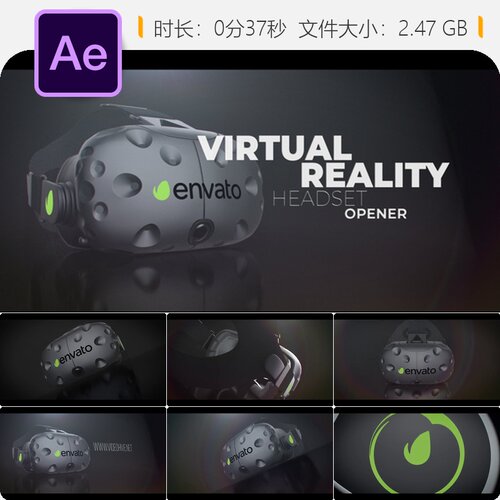 VR头显设备虚拟现实游戏开场AE模板眼镜电子数字娱乐360度全景