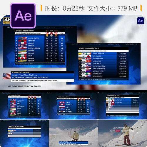 2026米兰冬奥会赛事成绩奖牌榜AE模板滑雪滑冰运动下三分屏动画