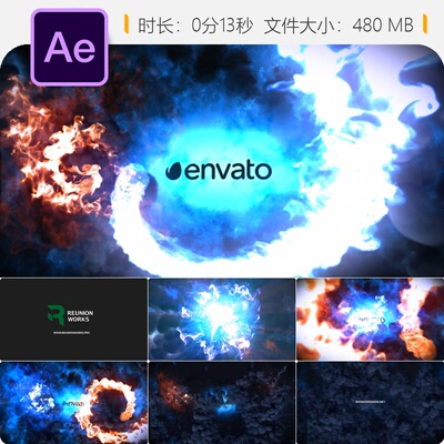 火焰冰霜AE模板动态粒子爆炸LOGO动画游戏开场特效4K视频素材