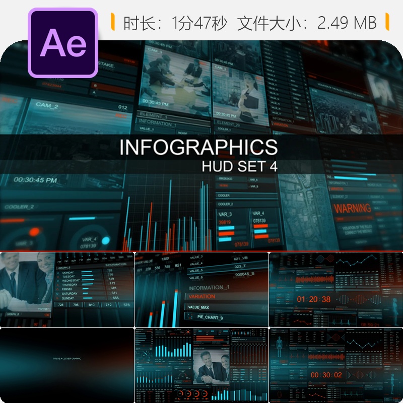 未来科技HUD智能图形数据界面AE模板科幻数字游戏屏幕特效动画