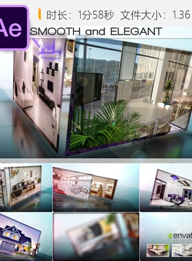 AE模板蓝色3D画廊照片展示优雅动态效果企业宣传视频制作AE工程