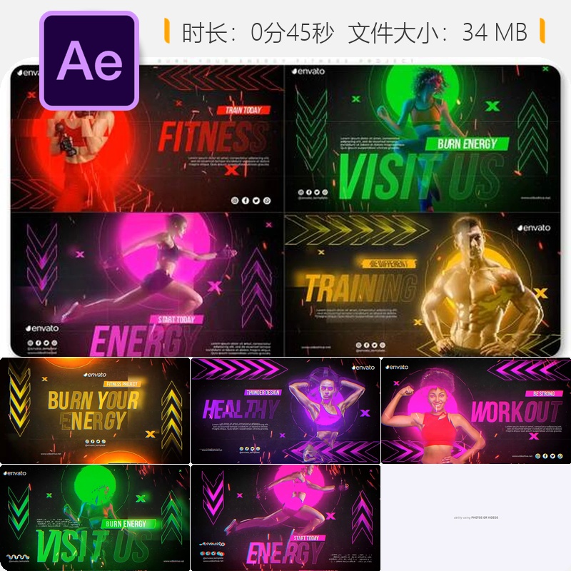 Burn Your Energy健身AE模板运动健身频道宣传片肌肉力量训练视频