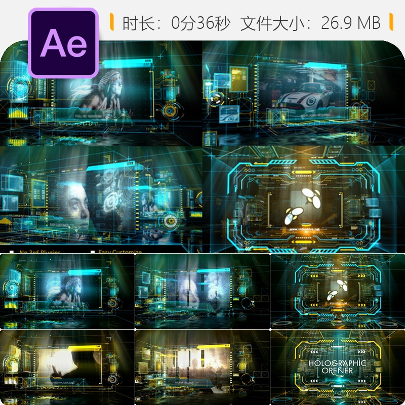 全息数字科技HUD界面故障特效开场动画AE模板4K高清素材包