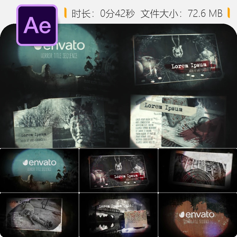 恐怖电影AE片头模板惊悚僵尸万圣节鬼怪开场特效4K视频素材包