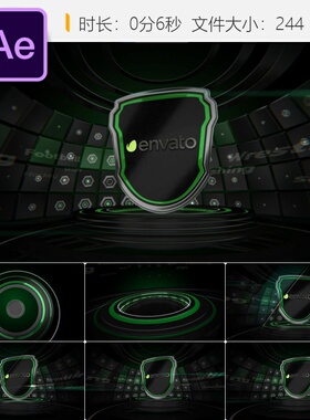 AE模板绿色金属盾牌3D体育标志动画LOGO片头特效视频场景设计