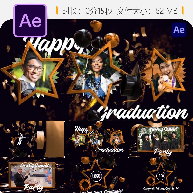 金色毕业颁奖典礼AE模板奢华粒子金色标志动画奥斯卡颁奖风格