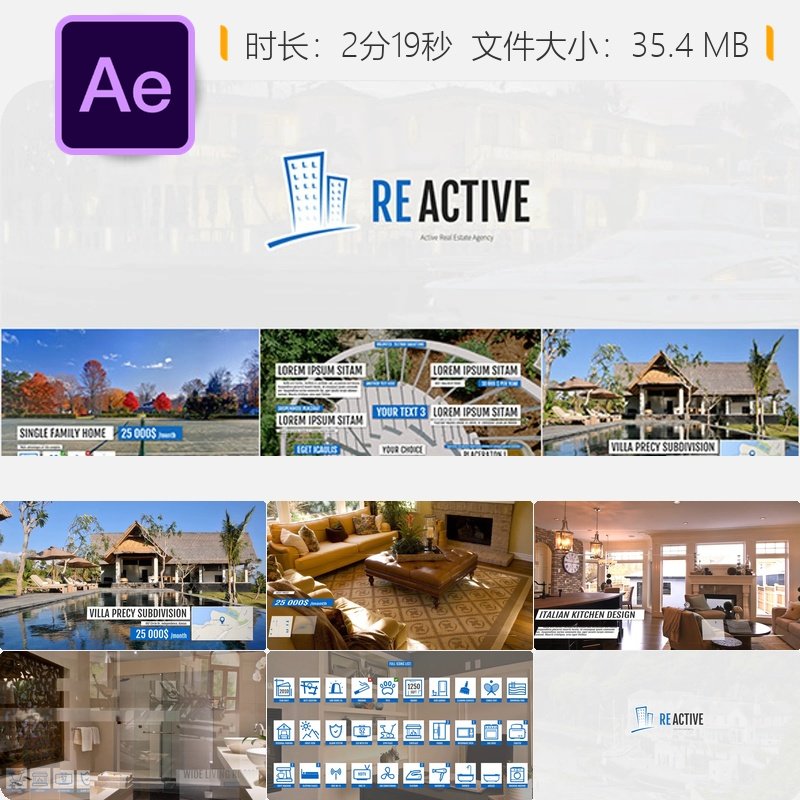 REActive房地产酒店展示AE模板豪华度假村现代别墅设施图标动画