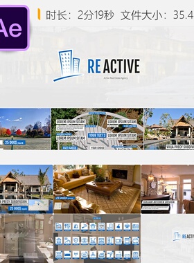 REActive房地产酒店展示AE模板豪华度假村现代别墅设施图标动画