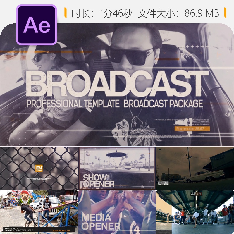 ENV广播频道AE模板电视包装时尚故障风格LOGO动画4K高清视频素材