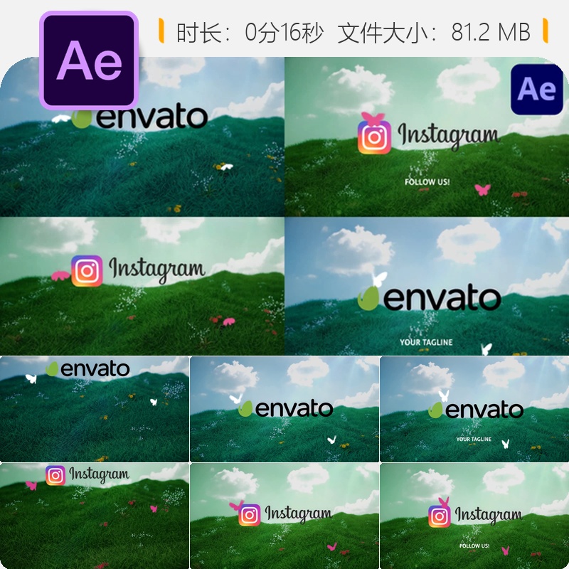 春日蝴蝶花朵草地AE模板LOGO动画片头开场社交媒体视频素材包