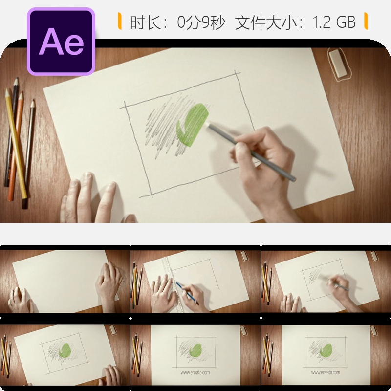 手绘铅笔素描LOGO动画AE模板钢笔书写绘画展示开场片头视频素材