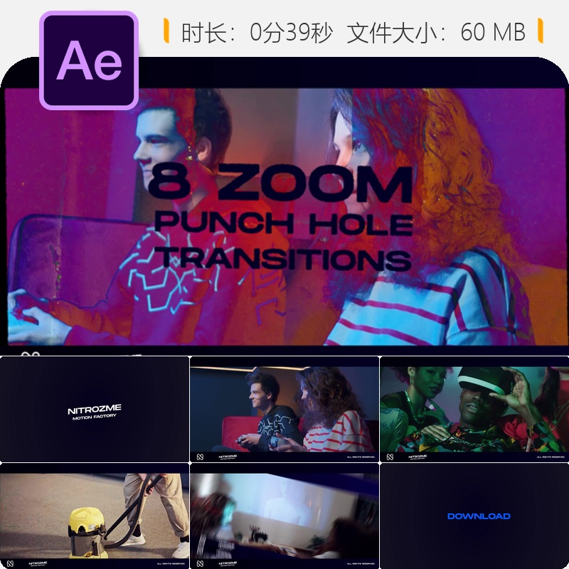 AE模板打孔缩放转场动画社交媒体视频特效预设AE插件素材包合集