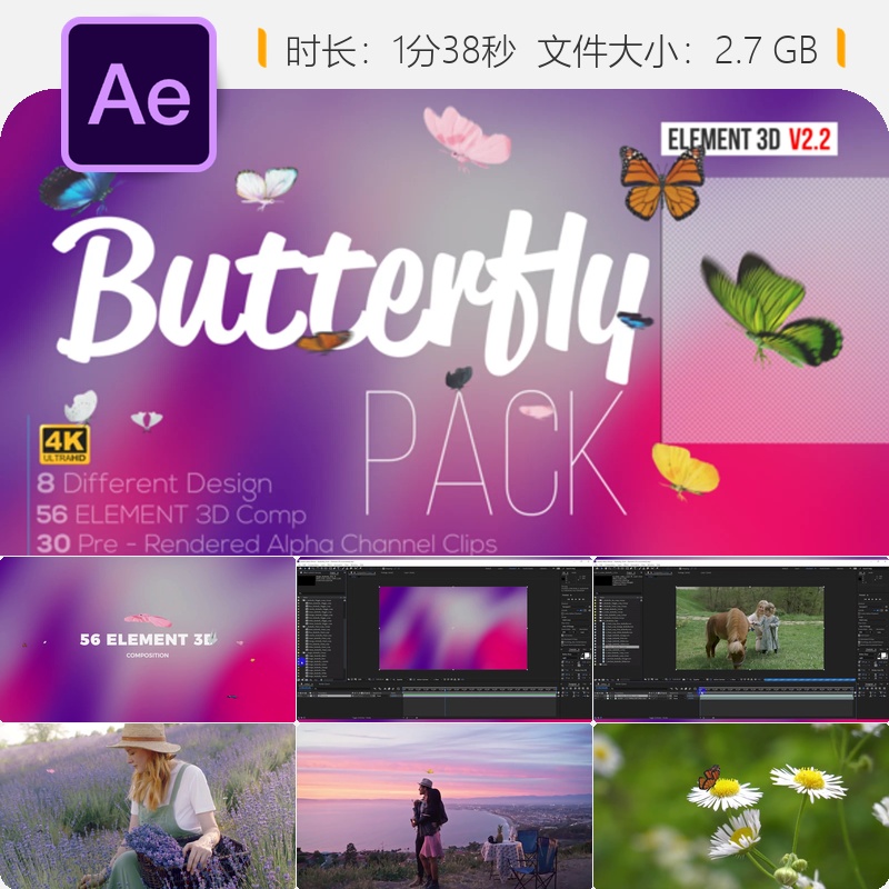 蝴蝶生物多样性动画AE模板3D蝴蝶元素卡通儿童动画彩色CGI效果