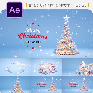 圣诞祝福AE模板3D雪花贺卡动画开场片头4K圣诞树粒子特效