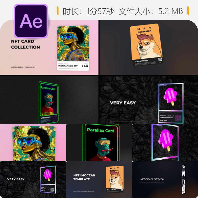 NFT数字艺术卡牌区块链加密货币收藏品AE视频片头开场动画模板