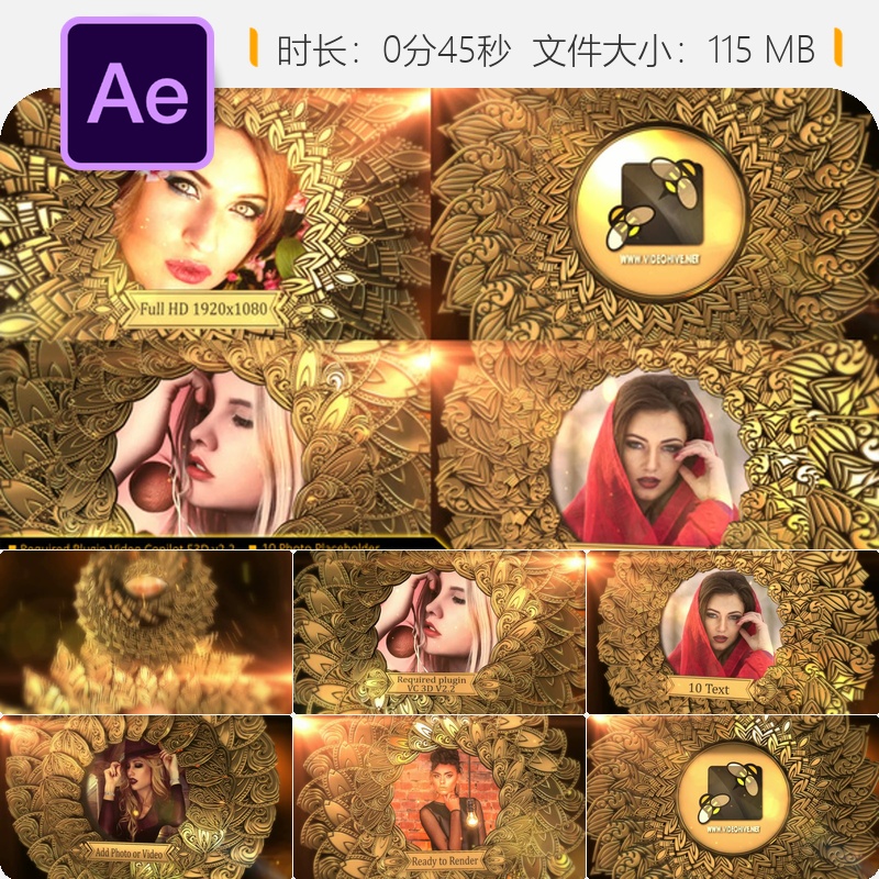 金色相框装饰相册展示粒子闪烁浪漫光效AE视频模板素材免费下载