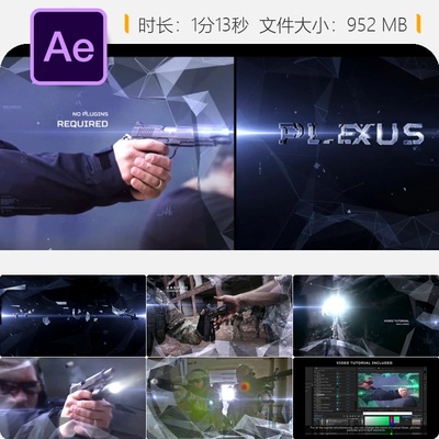 Plexus科幻网络开场AE模板赛博朋克Deus Ex风格破碎元素4K视频