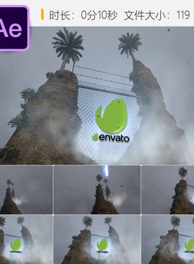 雷电能量AE模板4K蓝色闪电LOGO动画抽象山脉背景电光能量效果