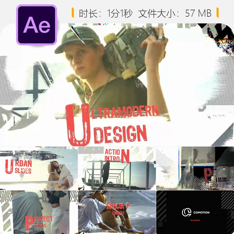 Grunge风格动态开场AE模板黑白色调故障效果时尚电影节奏元素