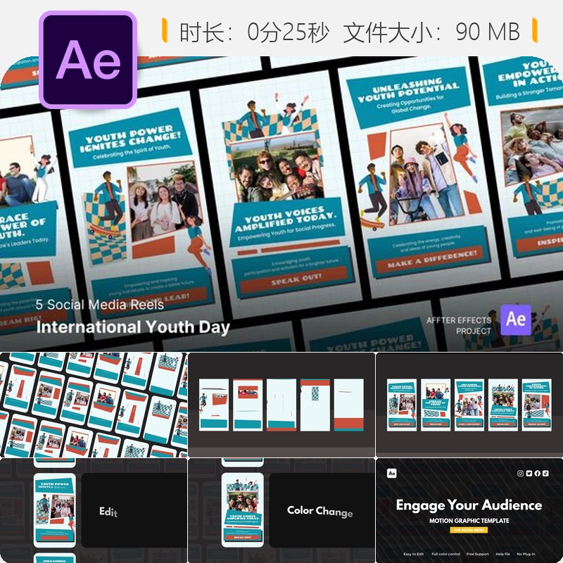 国际青年日社交媒体Reels动画AE模板视频编辑工具包Videohive