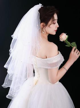 结婚头纱新娘主婚纱头饰2022新款领证登记小头纱白色求婚拍照道具
