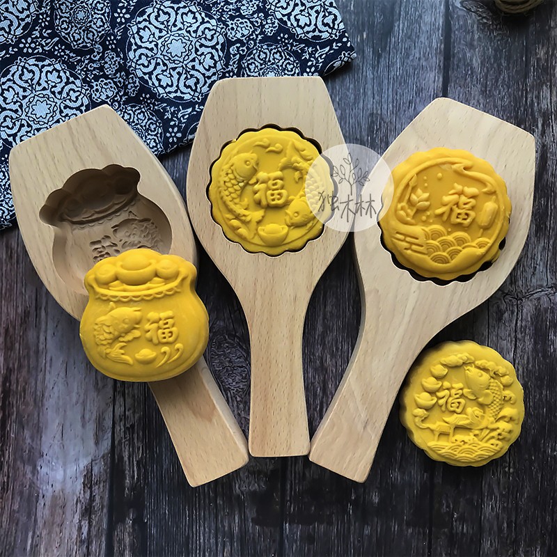 做馒头面食卡子木质中秋绿豆糕印字蒸糕福鱼烘培月饼模具模型印具