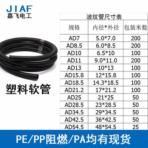 尼龙PA波纹管AD13浪管黑色穿线软管AD25电缆保护套管螺纹管可开口