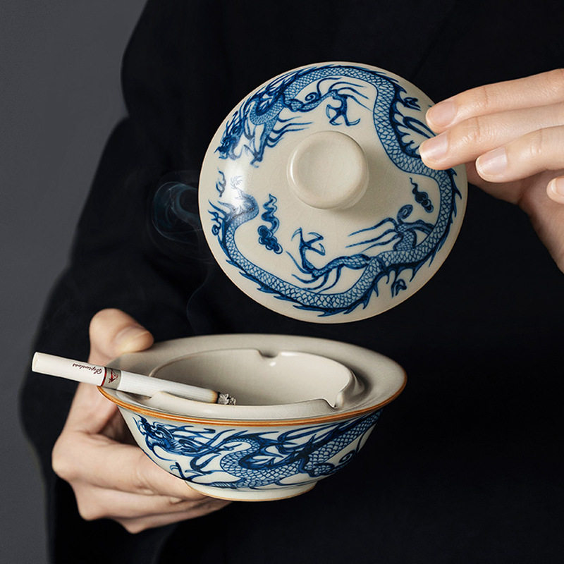 汝窑青花元龙烟灰缸带盖家用客厅高级感个性潮流防飞灰中式烟缸
