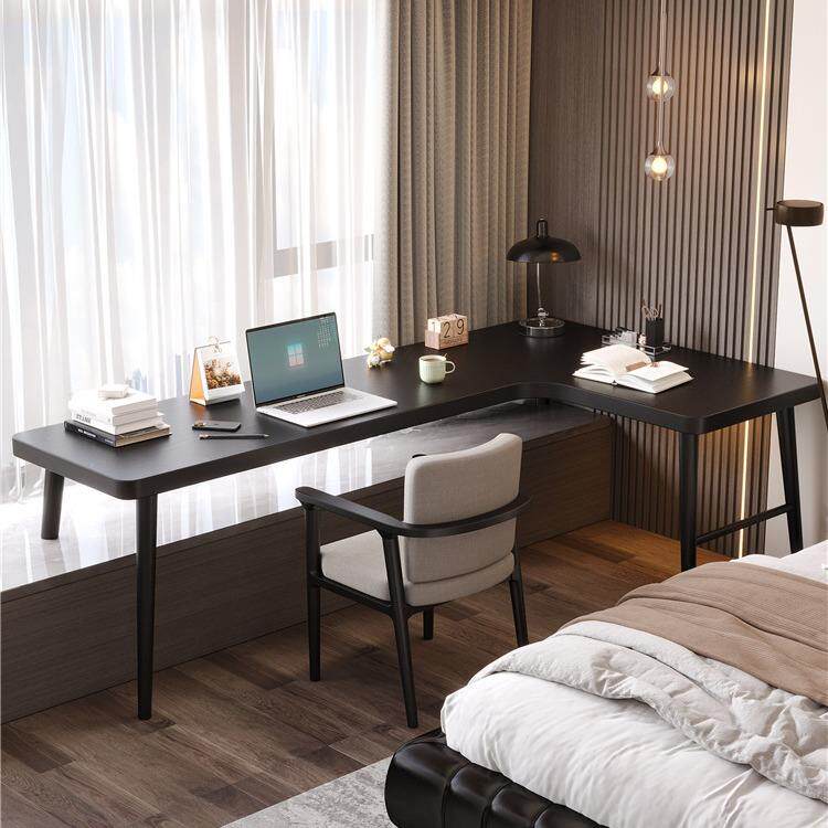 严选实木家用飘窗转角书桌卧室L型电脑桌窗台黑色双人办公写字桌
