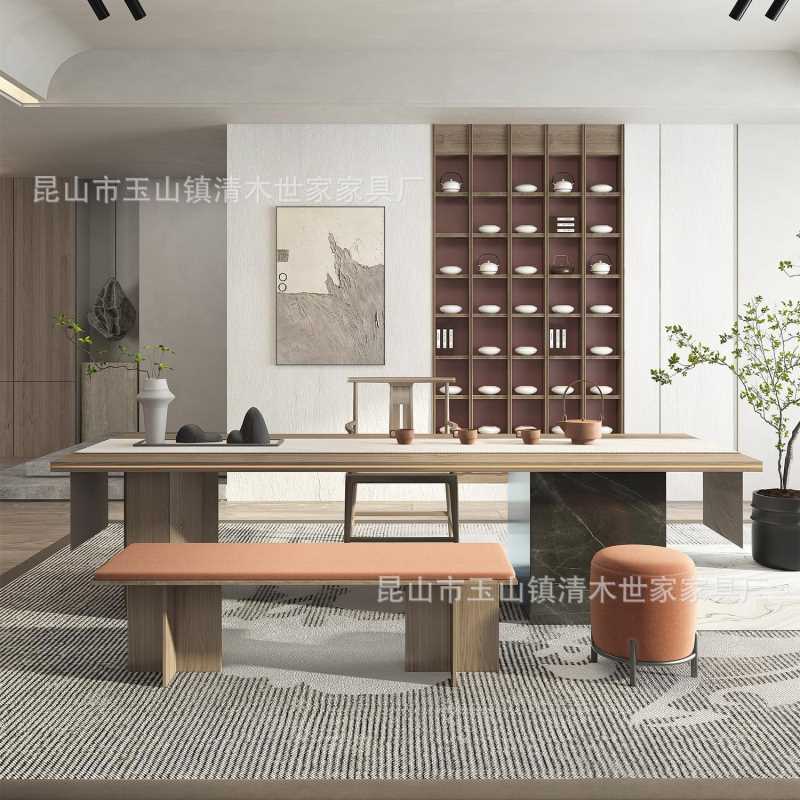 新中式实木茶桌组合功夫家用会所大理石茶台现简约泡茶公家具