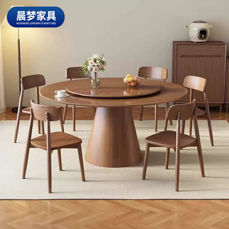 家用实木原木桌面餐桌椅圆桌组合客厅现代圆形饭桌北欧转盘简约