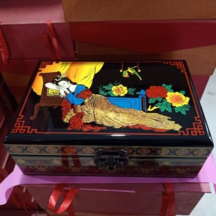 推光漆器传统工艺饰品盒 手工漆画新娘首饰盒 婚礼婚庆珠宝收纳盒