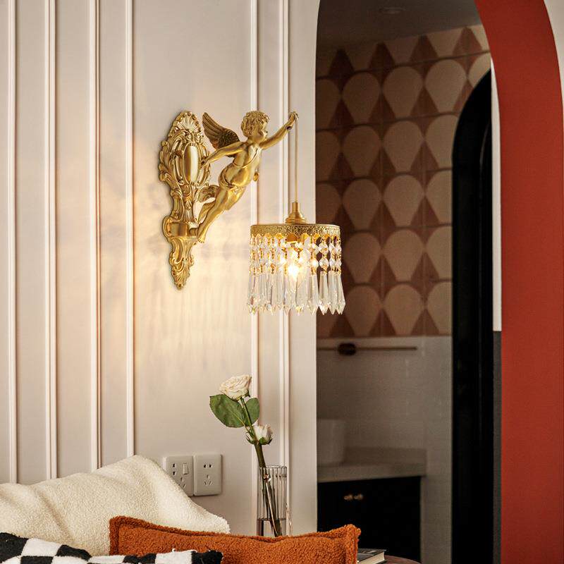 跨境全铜法式客厅水晶灯罩天使壁灯经典美式复古卧室装饰灯过道灯