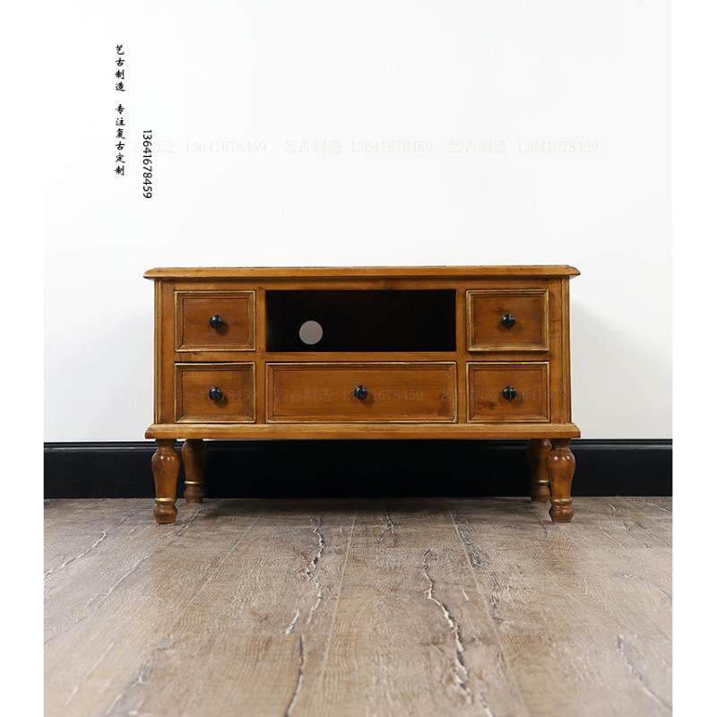美式乡村实木经典简约小户型客厅小尺寸电视柜法式怀旧圆脚储物柜