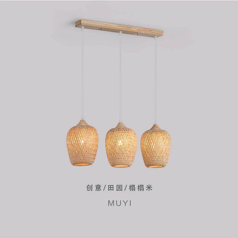 北欧灯笼餐厅吊灯竹编藤艺茶室民宿吧台LED灯实木简约三头餐桌灯